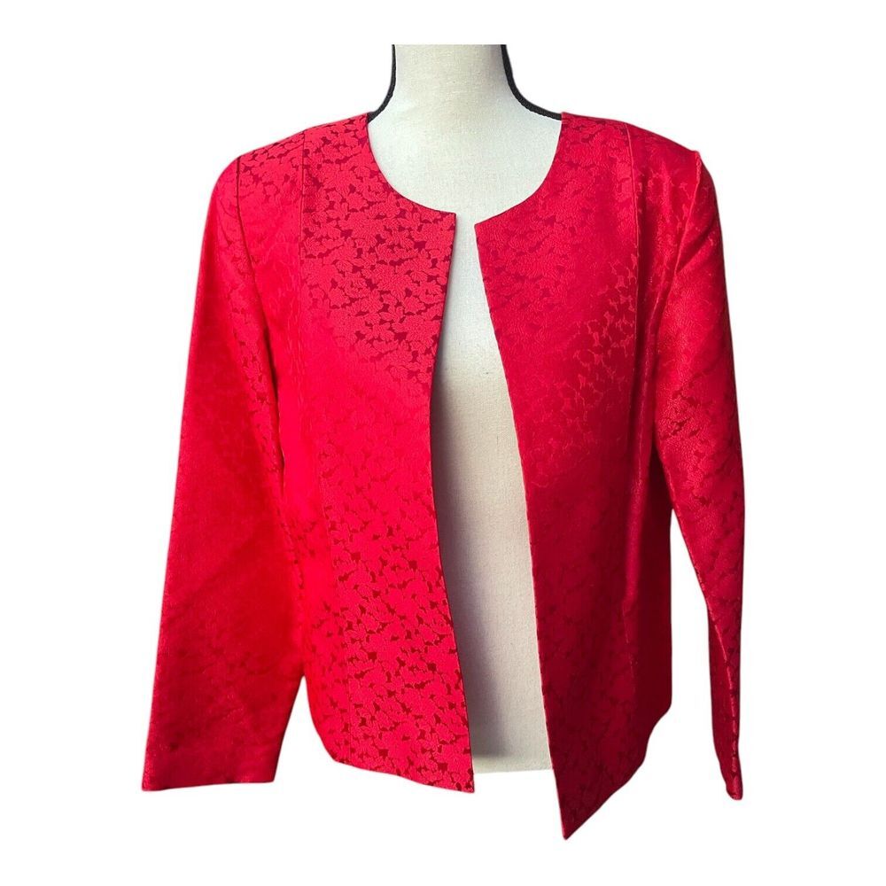 Christian Lu Evening Jacket Women's Large‎ Red Silk Blend Jacquard Open Front